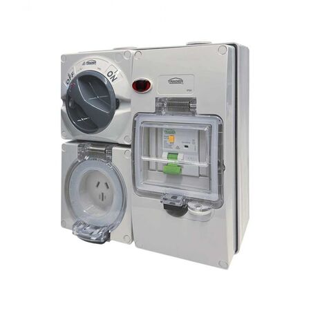 Buffalo -u00a0Combination Switched Socket IP66 15A 250V ac 3 Flat Pin with RCD 30mA Protection On BUBB4G with Neon Indicator  x1 - BUC315RC30N