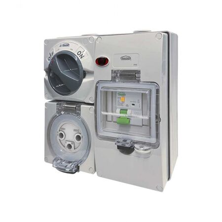 Buffalo -u00a0Combination Switched Socket IP66 32A 250V ac 3 Pin with RCD 30mA Protection On BUBB4G with Neon Indicator  x1 - BUC332RC30N