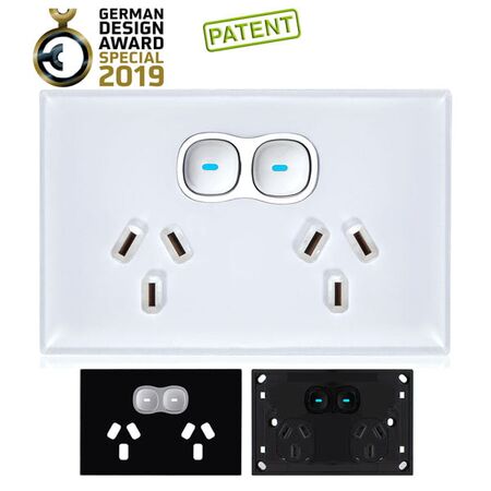 Glass Double GPO With Built-In LED Push Button Switch