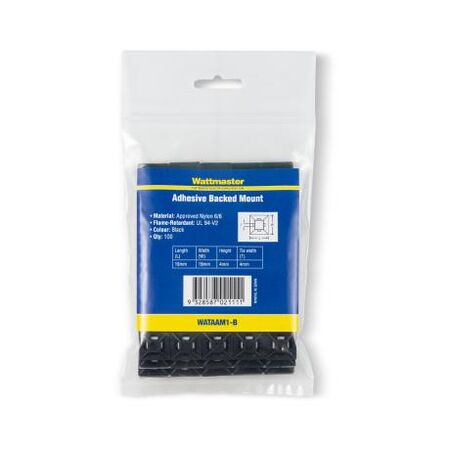 Cable Tie Adhesive Mount 19mm Square Takes 4mm Cable Ties Black 100Pack