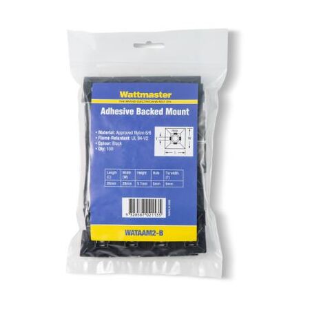 Cable Tie Adhesive Mount 28mm Square Takes 5mm Cable Ties Black 100Pack