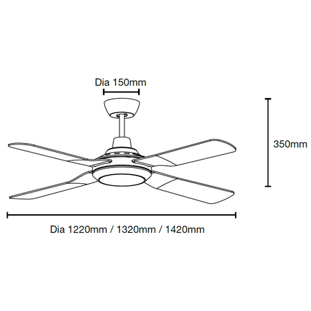 Discovery II 1440mm 4 Blade ABS Ceiling Fan with 15w Tricolour LED Light Matt Black