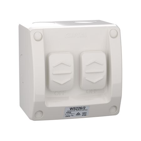 Weathershield
Switch
2-Gang, 16AX, 250VAC, IP66 | Resistant Grey