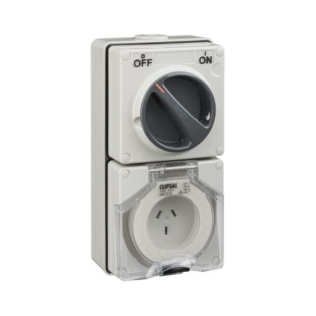 Clipsal - 56 Series, Switched Socket Outlet, 250V, 10A, 3 Flat PIN, IP66, 1 Pole, Heavy Duty
Grey