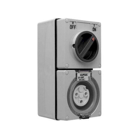 Clipsal - 56 Series, Switched Socket Outlet, 250V, 20A, 3 Round PIN, IP66, 1 Pole
Chemical Grey