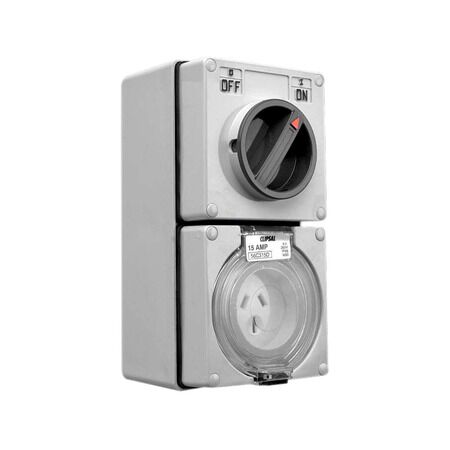 Clipsal - 56 Series, Switched Socket Outlet, 250V, 15A, 3 Flat PIN, IP66, 2 Pole
Grey