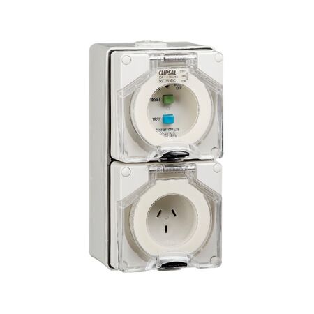 Clipsal - 56 Series, RCD Protected Switched Socket Outlet, 250V, 10A, 3 Flat PIN, IP66, 30mA
Grey