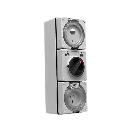 Clipsal - 56 Series, RCD Protected Switched Socket Outlet, 250V 15A, 3 Flat PIN IP66, 1 Pole, 30mA RCD
Grey