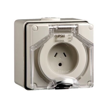 Clipsal - 56 Series, Surface Socket, IP66, 250V 10A - 2 Flat Pins and Round Earth
Chemical Grey