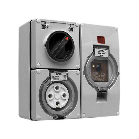 Clipsal - 56 Series, RCD Protected Switched Socket Outlet, 500V 32A, 4 Round PIN IP66 3 Pole, 30mA RCD
Grey