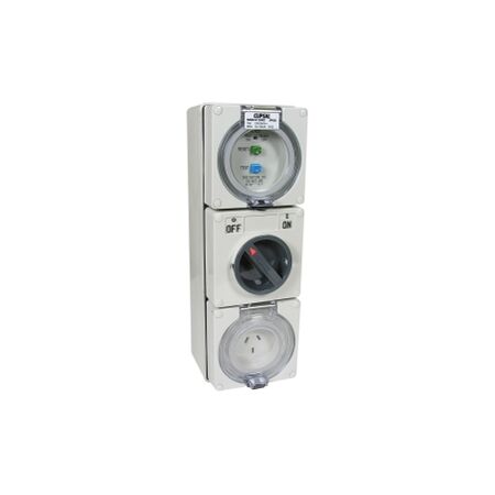 Clipsal - 56 Series, RCD Protected Switched Socket Outlet, 250V 10A, 3 Flat PIN IP66, 1 Pole, 30mA RCD
Grey