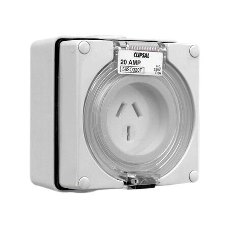 Clipsal - 56 Series, Surface Socket, IP66, 250V 20A - 3 Flat Pins
Grey