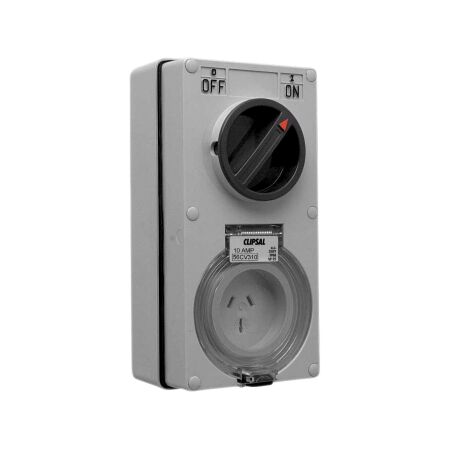 Clipsal - 56 Series, Switched Socket Outlet, 250V, 10A, 3 Flat PIN, IP66, 1 Pole, Vertical
Grey