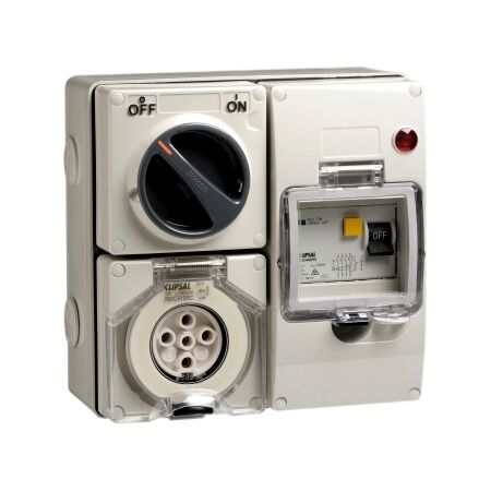 Clipsal - 56 Series, RCD Protected Switched Socket Outlet, 500V 10A 5 Round PIN IP66, 3 Pole, 30mA RCD
Grey