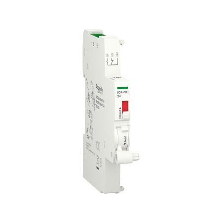 Acti9, Auxiliary contact, A9A, iOF+SD, 1 NO + 1 NC, 2mA to 100mA, 24VDC, Ti24 connector on top (sold separately)