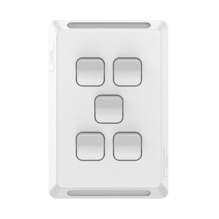 Pro Series, Flush Switch, Vertical Mount, 5 Gang, 1-Way/2-Way, 230/240V 20A, /16AX - Extra Vivid White