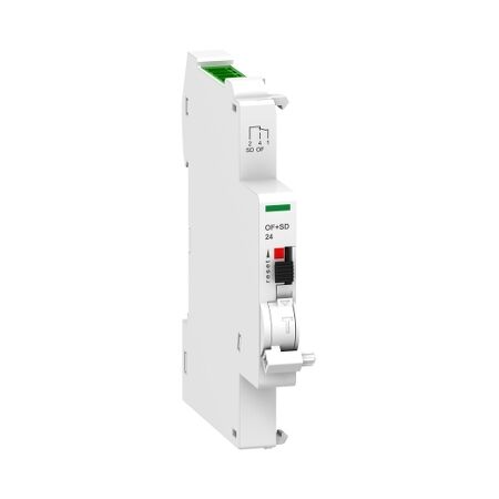 Acti9, Auxiliary contact, A9N, OF+SD, 1 NO + 1 NC, 2mA to 100mA, 24VDC, Ti24 connector on top (sold separately)