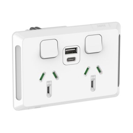Pro Series, Twin Power Point, Horizontal Mount,1Ex2USBCHRG, Type A+C, 10A, 250V - Extra Vivid White