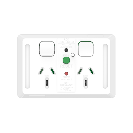 Pro Series, Twin Power Point, Horizontal Mount,10mA RCD 10A, 250V - Extra Vivid White