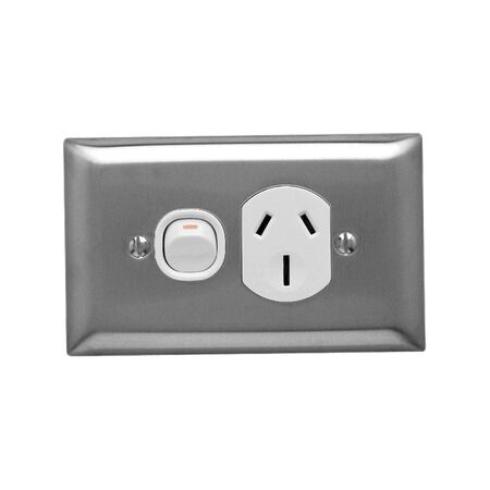 Metal Plate Series, Single Switch Socket Outlet, 250V, 15A, A Style Deep Curved Plate - White Electric