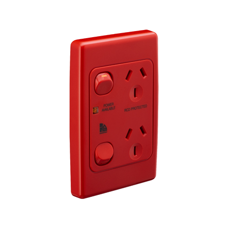 Medilec, Twin Switch Socket Outlet, 250V, 10A, 2 Gang, 1 Pole, Vertical - Red