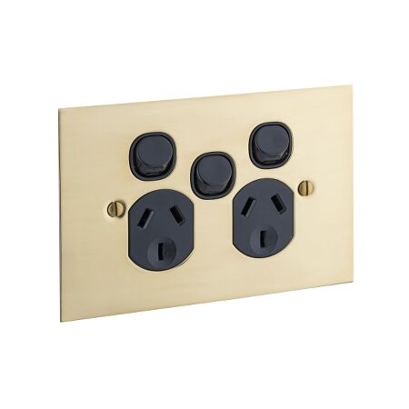 Metal Plate Series, Twin Switch Socket Outlet, 250V, 10A, BBSL Style, Flat Plate, Rmvb Extra Switch - Black