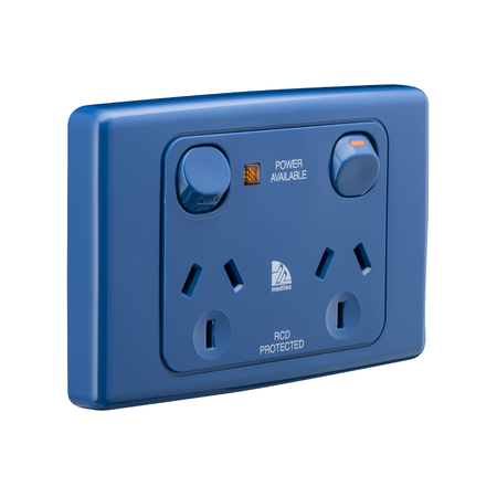 Medilec, Twin Switch Socket Outlet, 250V, 10A, 2 Gang, 1 Pole - Dark Blue
