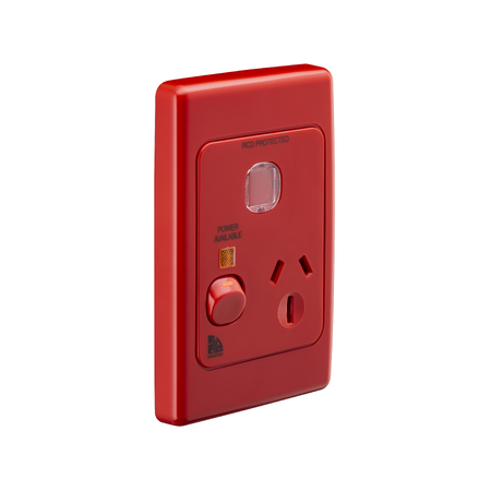 Medilec, Single Switch Socket Outlet, 250V, 15A, Vertical - Red