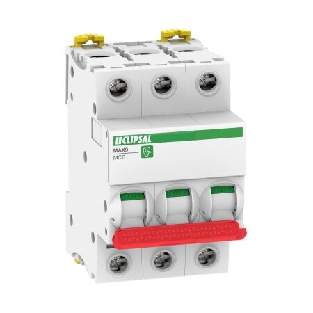 MAX9, Miniature Circuit-Breaker (MCB), 3P, 63A, C Curve, 6000A, 415V, Incomer, RED Toggle