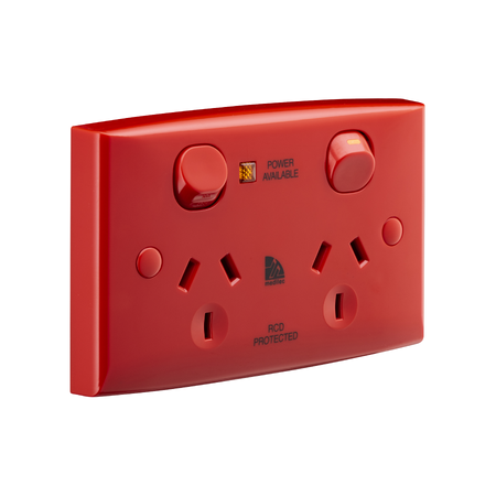 Medilec, Twin Switch Socket Outlet, 250V, 10A, Safety Shutter, Security Screw - Red