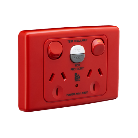 Medilec, RCD Protected Medilec, Twin Switch Socket Outlet, 250V, 10A, 1 Pole, Horizontal, 10mA RCD - Red
