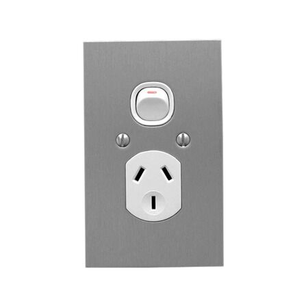 Metal Plate Series, Single Switch Socket Outlet, 250V, 10A, B Style, Flat Plate, Vertical - White Electric