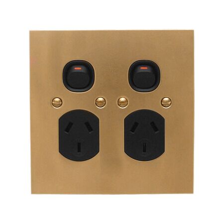 Metal Plate Series, Twin Switch Socket Outlet, 250V, 10A, BB Style, Flat Plate, Vertical - Black
