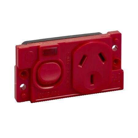 Medilec, Single Switch Socket Outlet, 250V, 10A, O Style, 2 Pole, Horizontal, Neon - Red