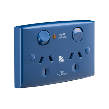 Medilec, Twin Switch Socket Outlet, 250V, 10A, Safety Shutter, Security Screw - Dark Blue