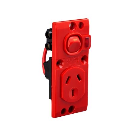 Medilec, Single Switch Socket Outlet, 250V, 10A, O Style, 2 Pole, Vertical, Neon - Red