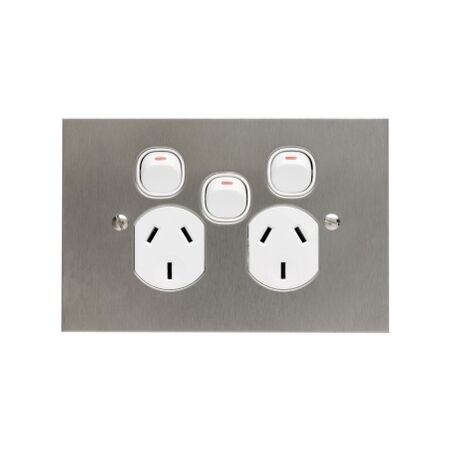 Metal Plate Series, Twin Switch Socket Outlet, 250V, 10A, BSL Style, Removable Extra Switch - White Electric
