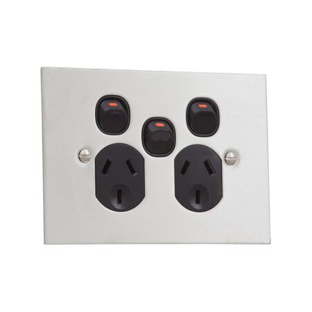 Metal Plate Series, Twin Switch Socket Outlet, 250V, 10A, BSL Style, Removable Extra Switch - Black