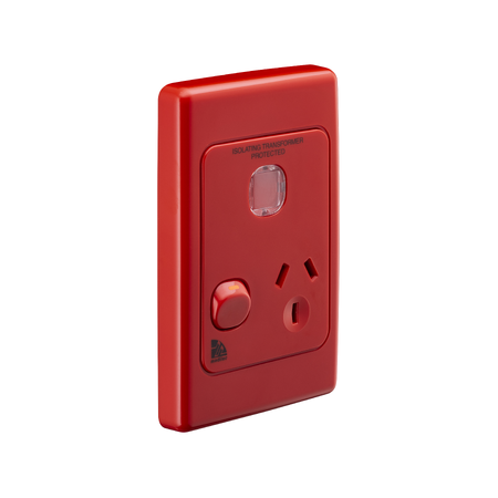 Medilec, Single Switch Socket Outlet, 250V, 10A, Vertical, 2 Pole, 10A, 250V - Red