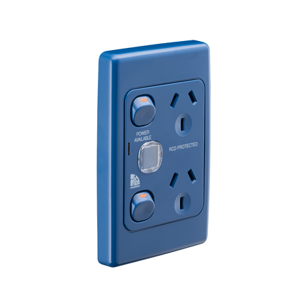 Medilec, Twin Switch Socket Outlet, 250V, 10A, 2 Gang, 1 Pole, Vertical - Dark Blue