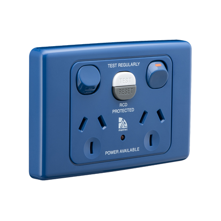 Medilec, RCD Protected Medilec, Twin Switch Socket Outlet, 250V, 10A, 1 Pole, Horizontal, 10mA RCD - Dark Blue