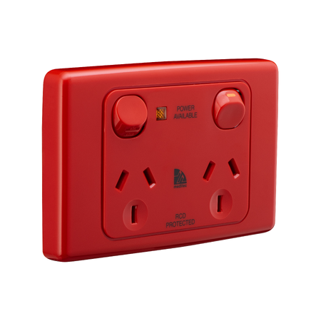 Medilec, Twin Switch Socket Outlet, 250V, 10A, 2 Gang, 1 Pole - Red