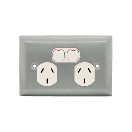 Metal Plate Series, Twin Switch Socket Outlet, 250V, 10A, A Style Deep Curved Plate - White Electric