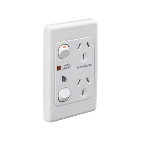 Medilec, Twin Switch Socket Outlet, 250V, 10A, 2 Gang, 1 Pole, Vertical - White Electric
