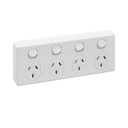 Classic C2000 Series, Quad Switch Socket Outlet, Classic, 250V, 10A, 2 Pole, Safety Shutter - White Electric