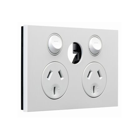 Saturn Zen, Double Power Point, Horizontal Mount, 250V, 10A, Less Extra Switch - Zen White