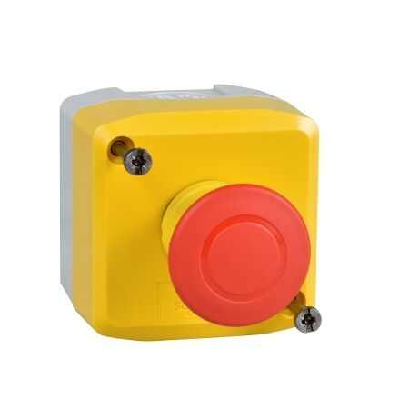 Harmony XALD XALK, Control station, plastic, yellow, 1 red mushroom head push-button Ø40, emergency stop push-pull 1 NC, unmarked