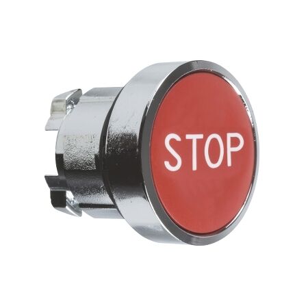Harmony XB4, push-button head, metal, flush, red, 22mm, spring return, marked STOP