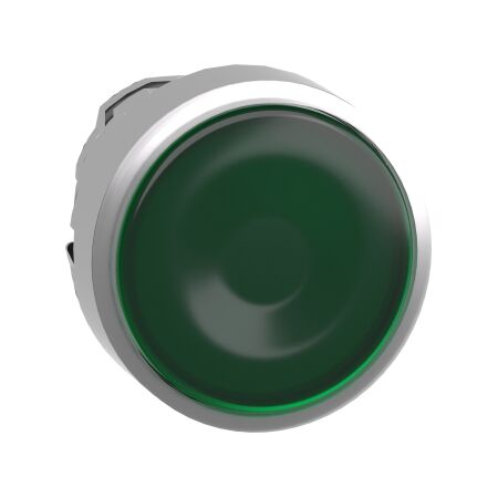 Harmony XB4, Head for illuminated push-button, metal, green flush, 22mm, universal LED, spring return, plan lens