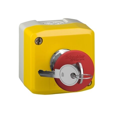 Harmony XALD XALK, Control station, plastic, yellow lid, 1 red mushroom push-button 40mm, key release, 1NC